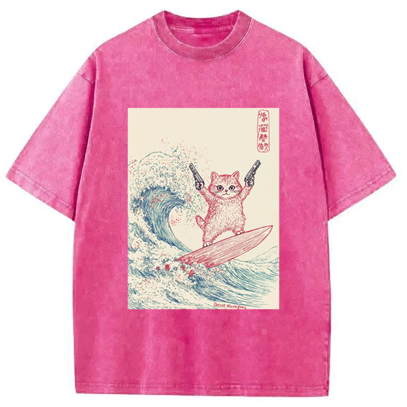 Pink Cat Skating On Great Wave Washed T-Shirt Trendy Aesthetic Graphic Apparel Gifts For Sister