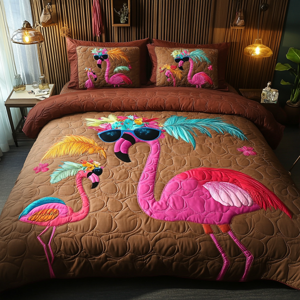 Pink Chillout Quilted Bedding Set Aesthetic Room Decor Flamingo Theme Gifts