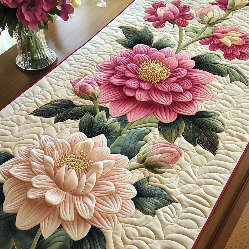 Pink Dahlia Bloom Quilted Table Runner Floral Table Cover Gift Ideas For Mom