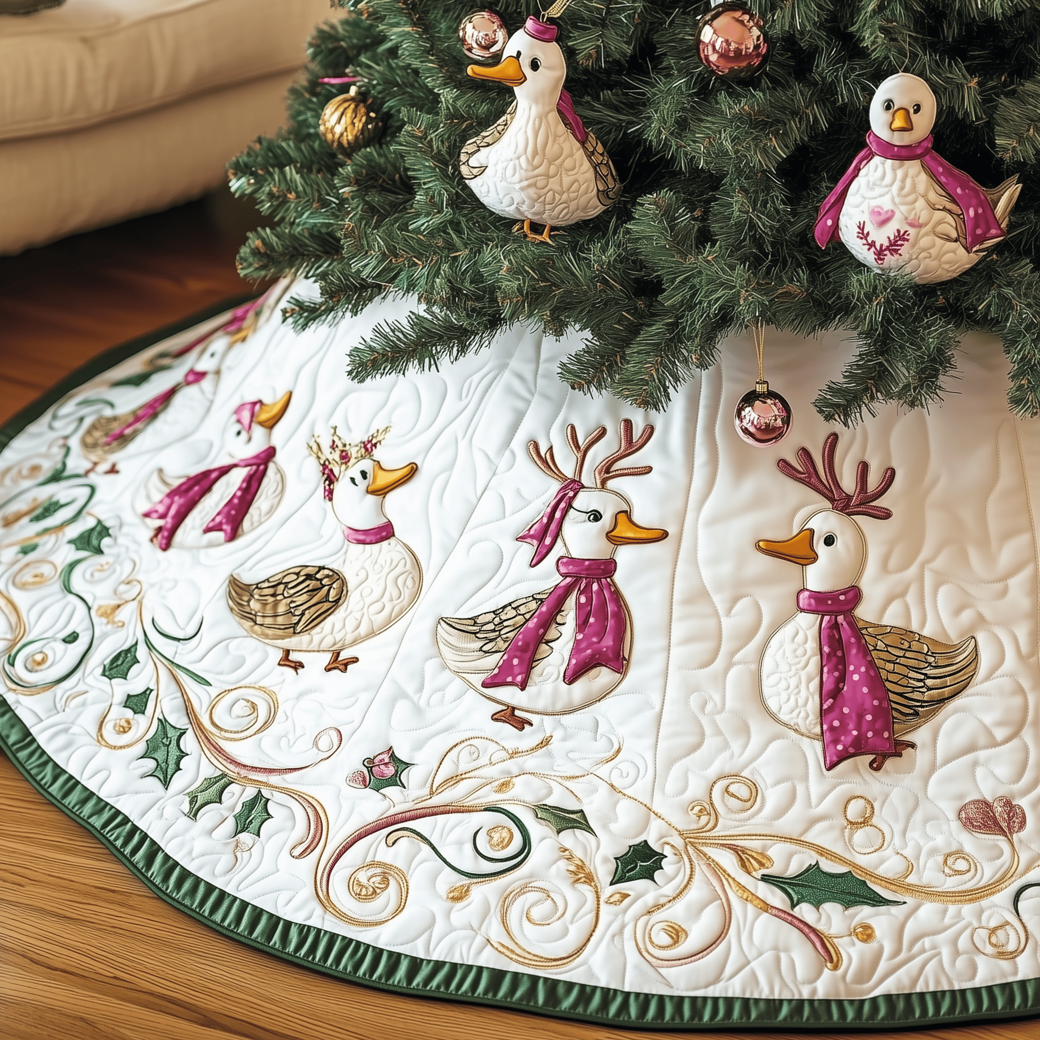 Pink Duck Quilted Tree Skirt Cute Xmas Tree Skirts Christmas Gifts From Daughter To Mother