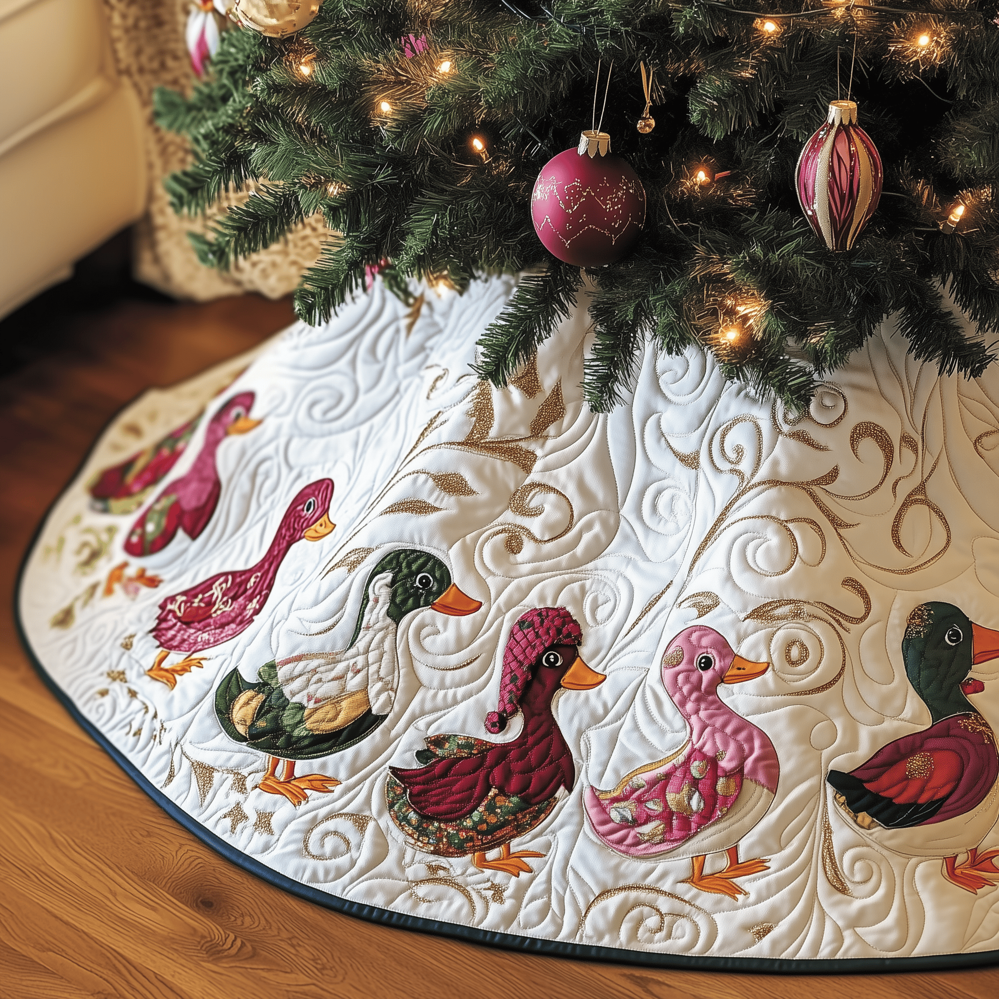 Pink Duck Quilted Tree Skirt Funny Christmas Tree Surround Secret Santa Gifts For A Woman