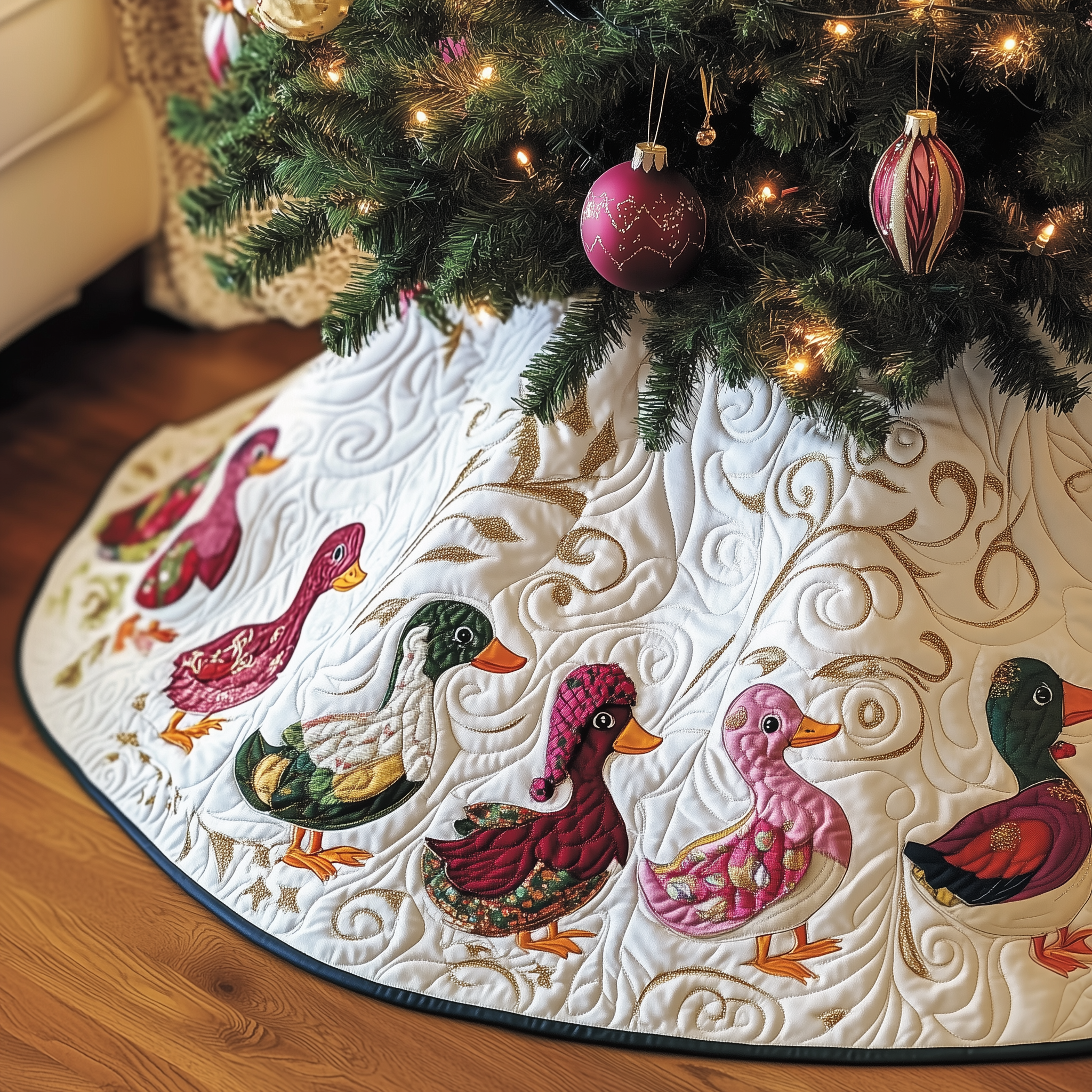 Pink Duck Quilted Tree Skirt Thoughtful Gift Merch For Dad