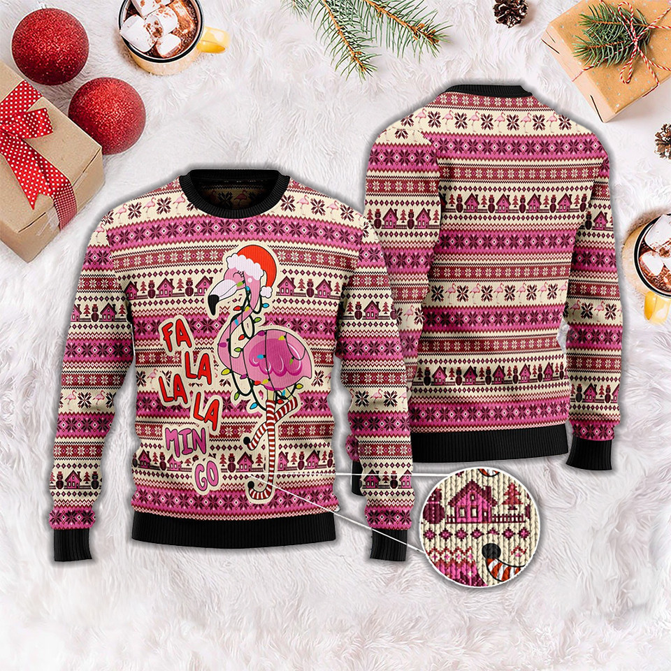 Pink Flamingo Fa La La Min Go Ugly Christmas Sweater Mens Womens Flamingo Xmas Jumper