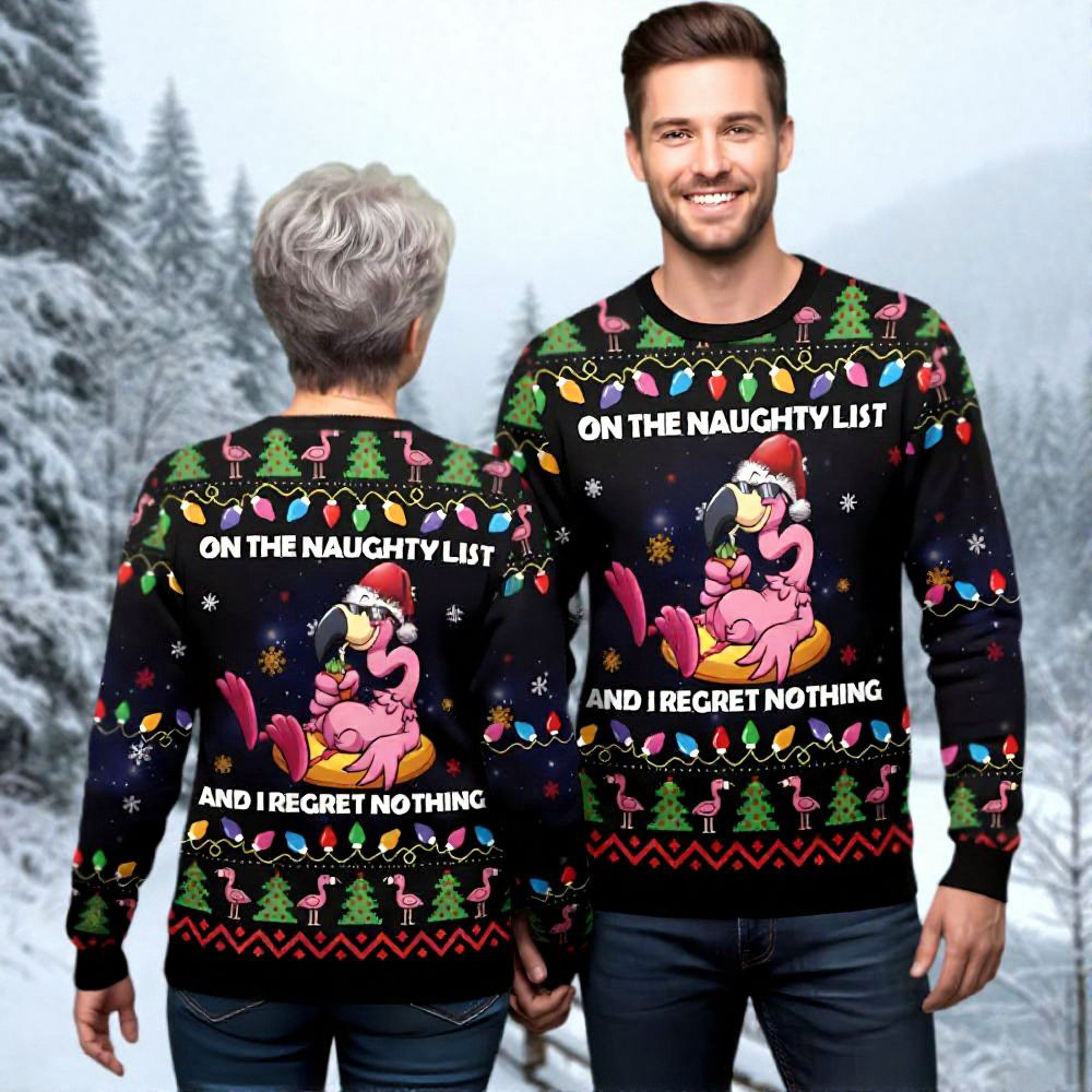 Pink Flamingo On The Naughty List Ugly Christmas Sweater I Regret Nothing Xmas Wear Gifts
