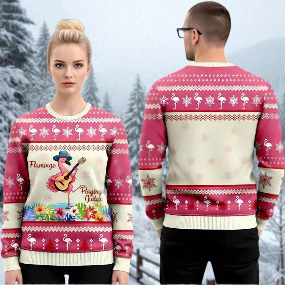 Pink Flamingo Playing Guitar Ugly Christmas Holiday Apparel Xmas Gifts For Flamingo Lovers