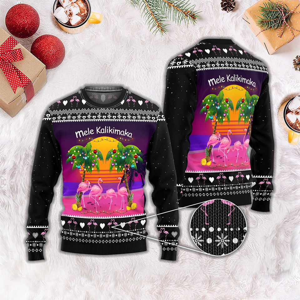 Pink Flamingo Sunset Mele Kalikimaka Ugly Christmas Sweater Womens Flamingo Xmas Sweater