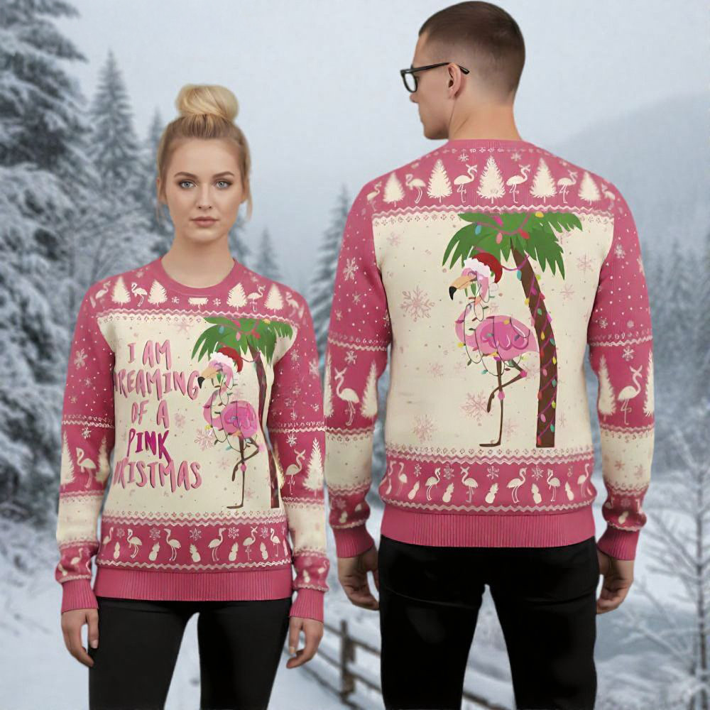 Pink Flamingo Ugly Christmas Sweater I'm Dreaming Of A Pink Christmas Holiday Apparel Presents