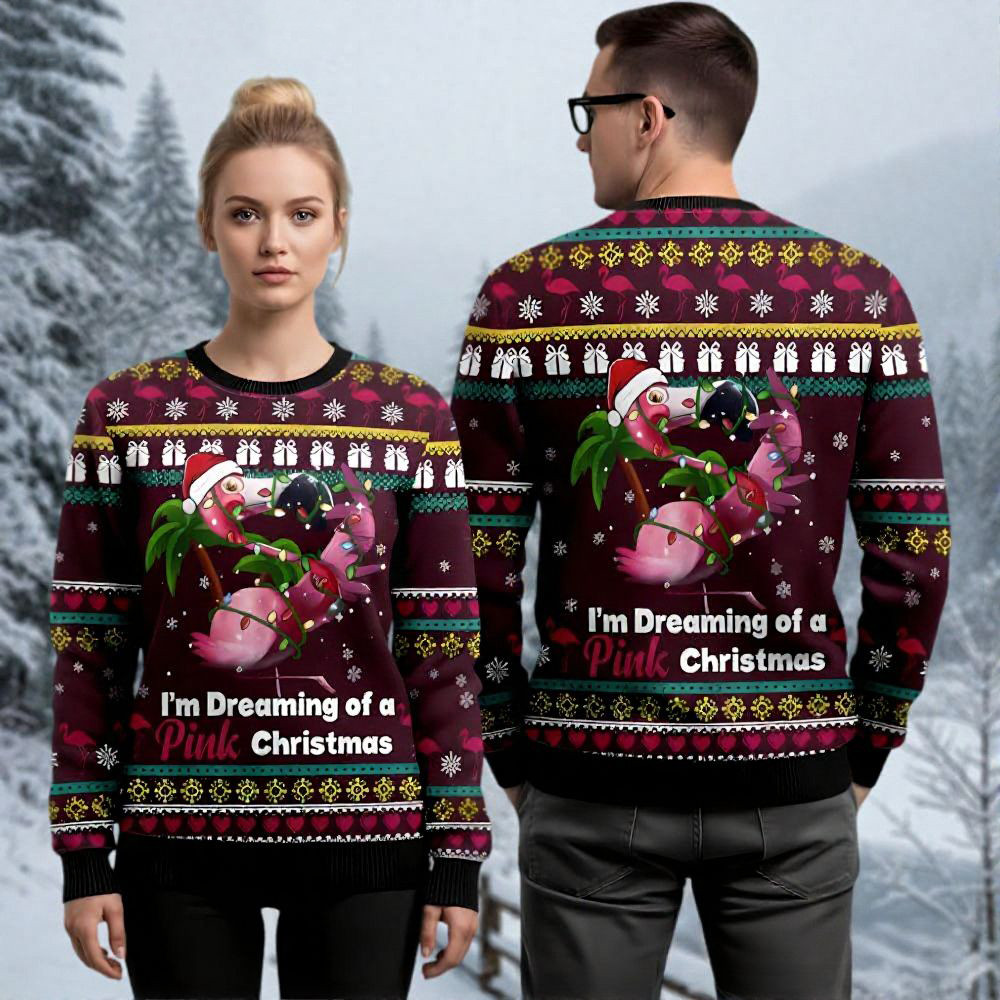 Pink Flamingo Ugly Christmas Sweater I'm Dreaming Of A Pink Christmas Xmas Flamingo Lover Gifts