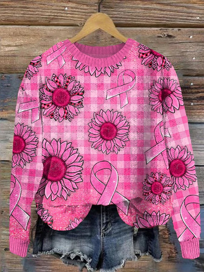 Pink Floral Ribbon Plaid Sweater Best Clothing For Women Breast Cancer Awareness Gifts