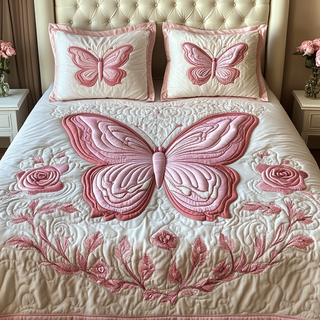 Pink Flutter Quilted Bedding Set Butterfly Floral Bedroom Decor Cute Home Gift For Her