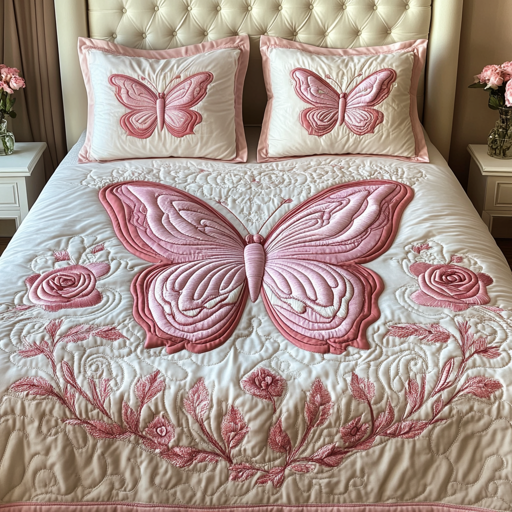 Pink Flutter Quilted Bedding Set Unique Bedding Gift for Family Gatherings
