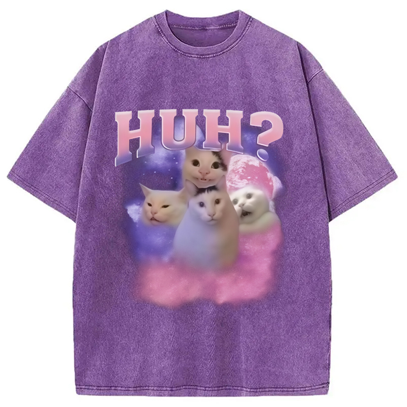 Pink Funny Meme Huh Cat Washed T-Shirt Soft Comfortable Daily T Shirt Gifts For BFF