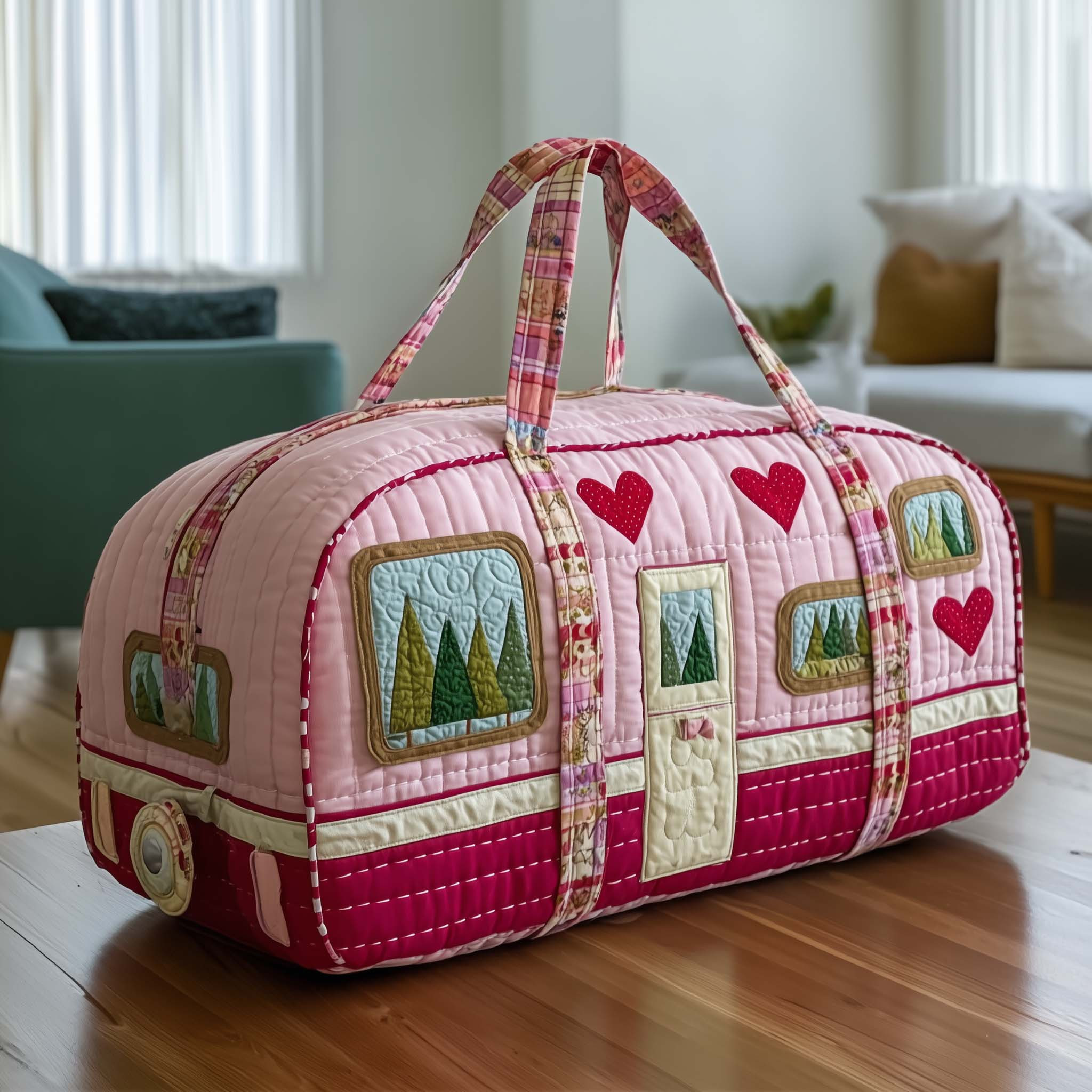 Pink Heart Camper Quilted Duffle Bag Cute Romantic Camping Lover Best Gift For Her