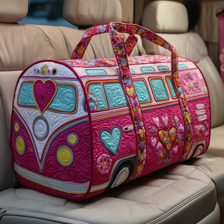 Pink Heart Love VW Bus Quilted Duffle Bag Valentine Travel Bag Best Gift For Couples