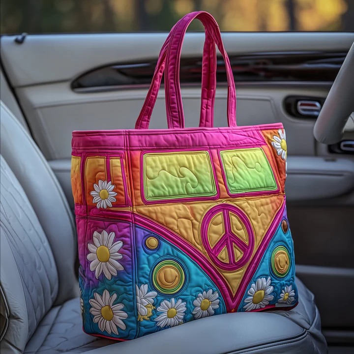 Pink Hippie Bus Quilted Tote Bag Daisy Rainbow Peace Bag Best Gift For Women