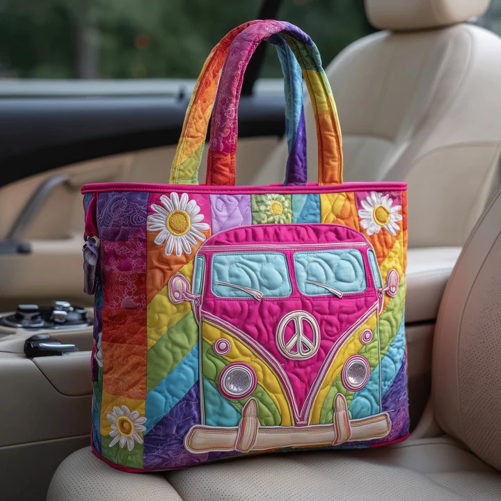 Pink Hippie Van Quilted Tote Bag Rainbow Daisy Peace Bag Best Gift For Boho Women