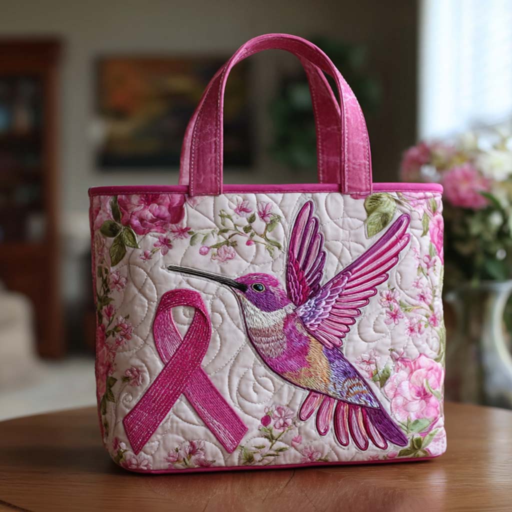 Pink Hummingbird Hope Quilted Tote Bag Breast Cancer Awareness Gifts
