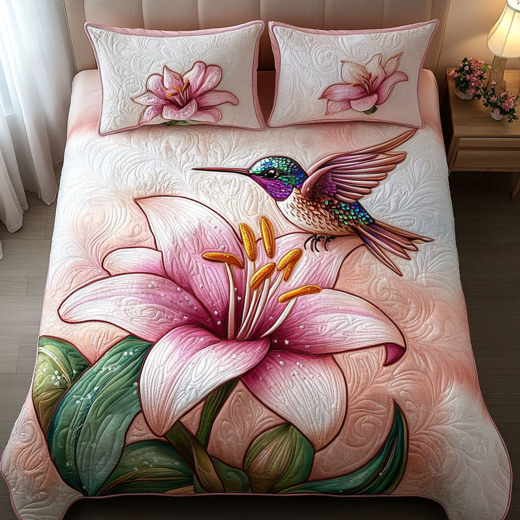Pink Lily Flight Quilted Bedding Set Best Bedspread Set Hummingbird Themed Birthday Gifts