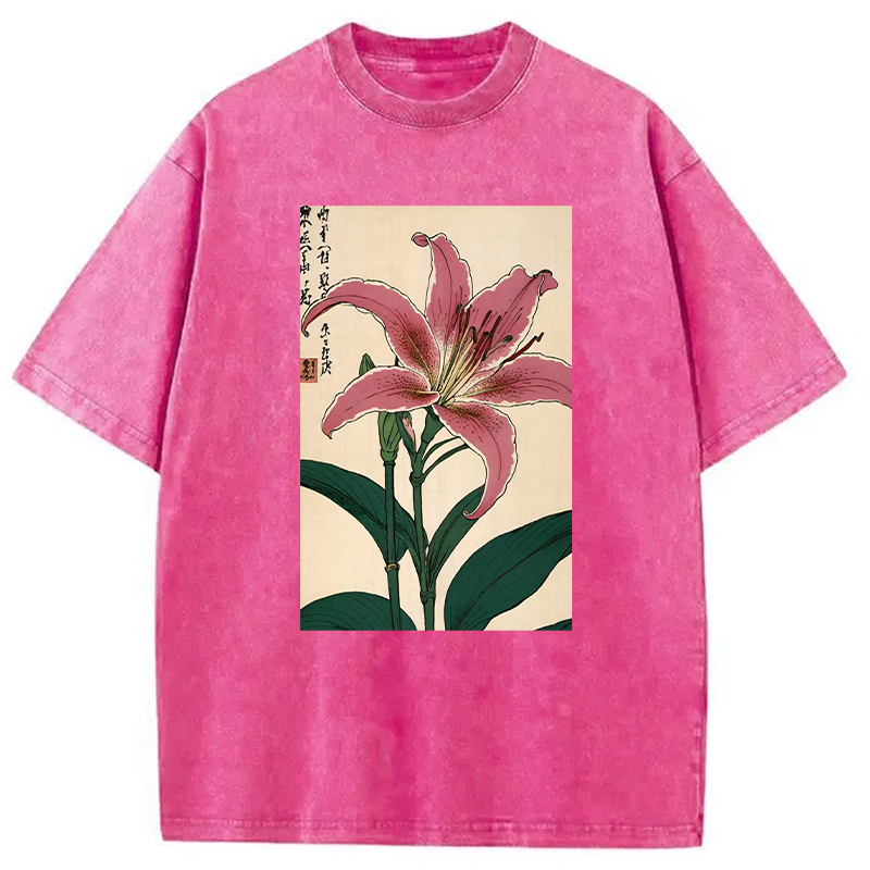 Pink lily Japanese Washed T-Shirt Unique Aesthetic Fashion Tee Gifts For Him