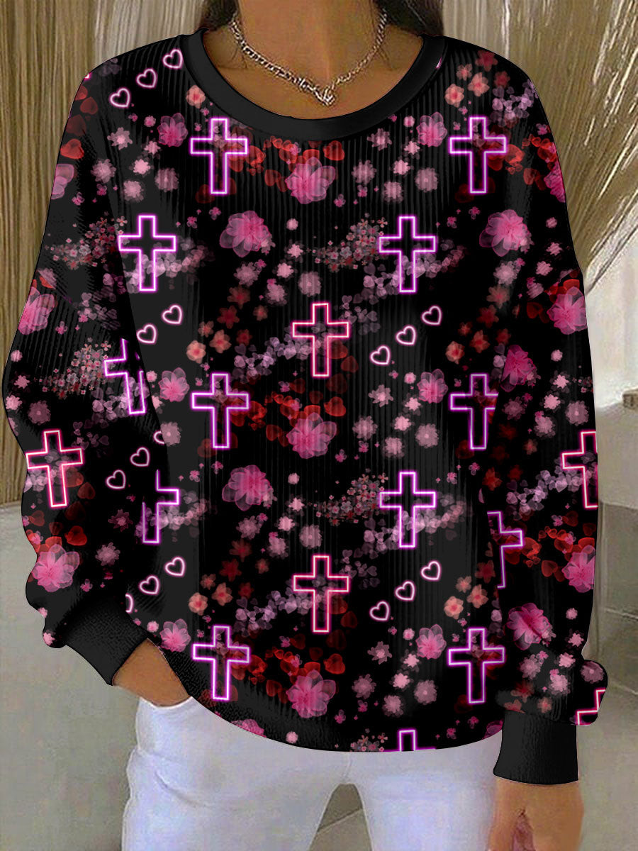 Pink Neon Cross Christian Graphic Sweatshirt Faith Aesthetic Shirt Gift For Her