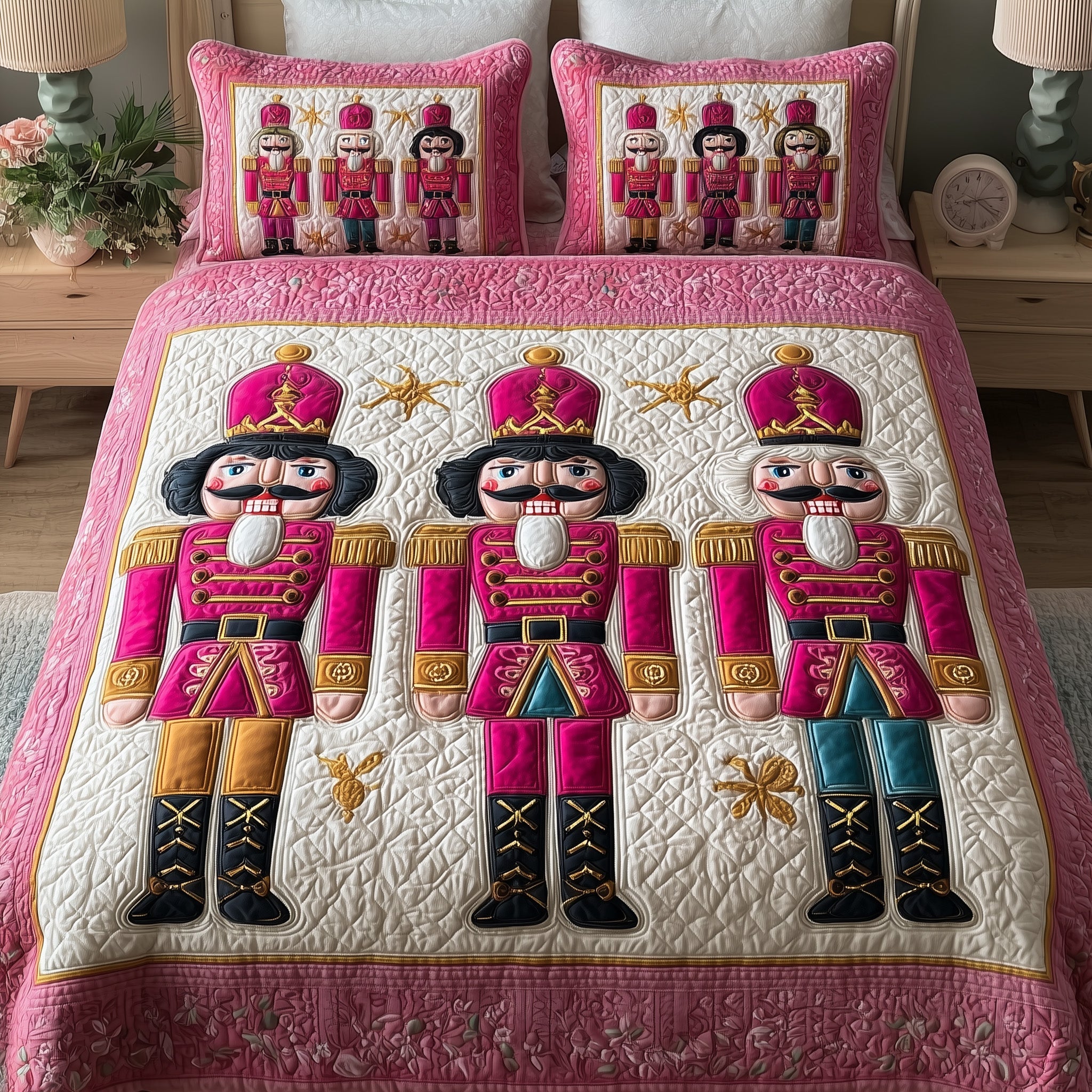 Pink Nutcracker Quilted Bedding Set Duvet Cover Bedspread Christmas Gifts For Son In Laws
