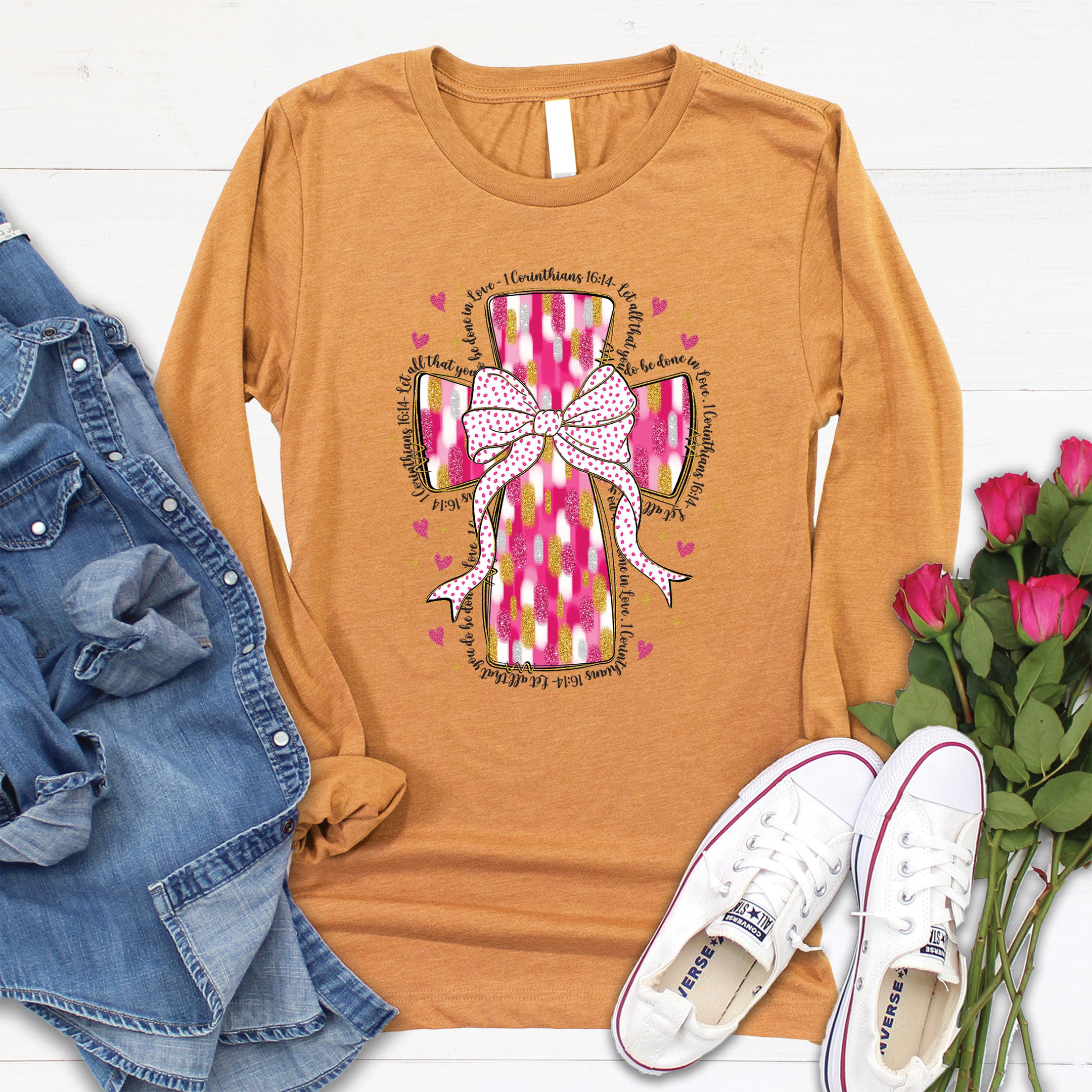 Pink Paint Cross Christian Long Sleeve Shirt Faith Gifts Religious Apparel Clothing