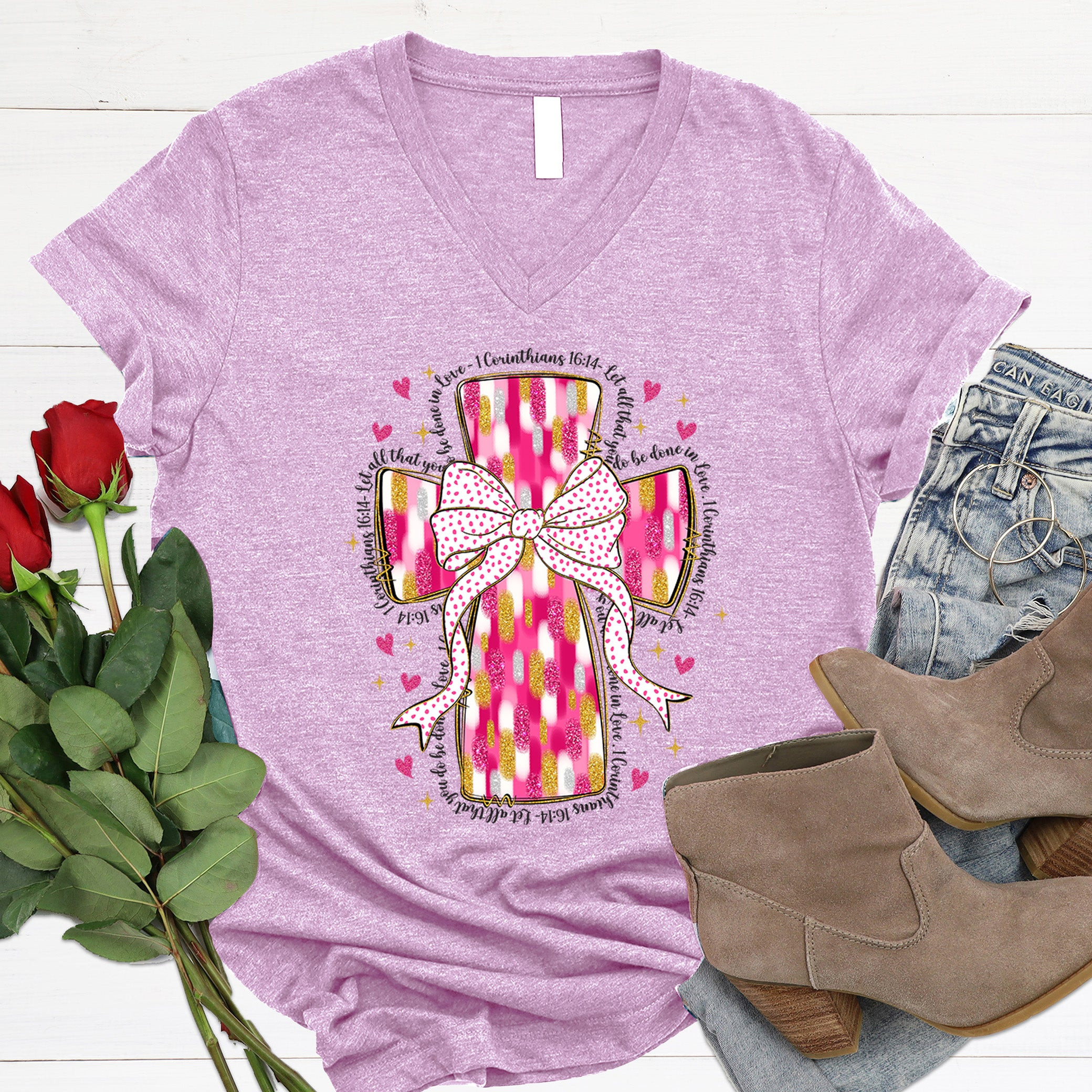 Pink Paint Cross Christian V-Neck Faith Shirt Religious Gifts Apparel For Women