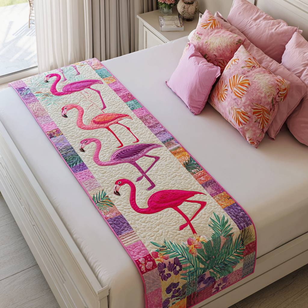 Pink Parade Quilted Bed Runner Bedroom Decor Gifts For Flamingo Lovers