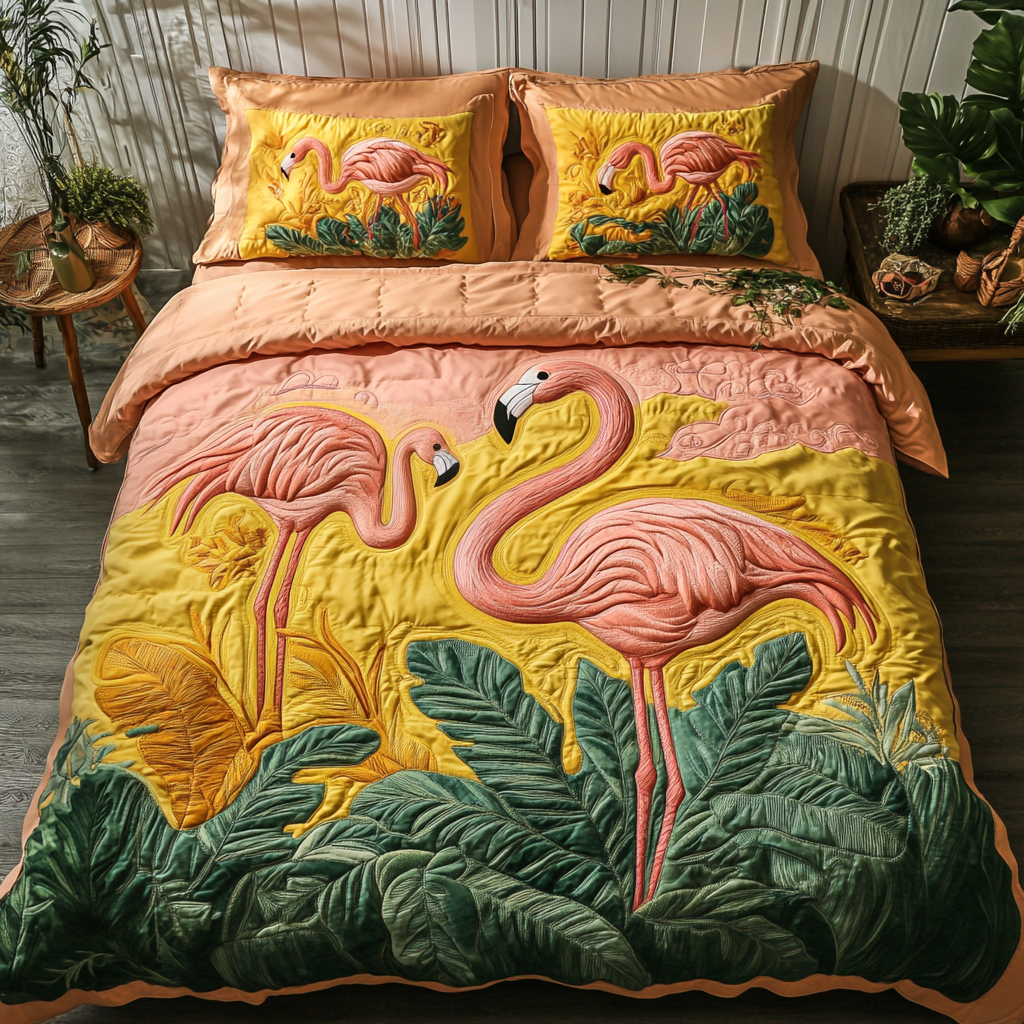 Pink Paradise Quilted Bedding Set Bed Decor Cute Flamingo Stuff
