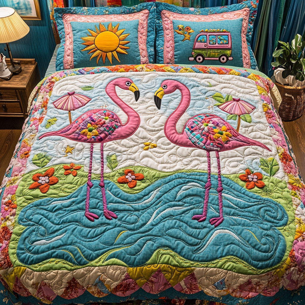 Pink Paradise Quilted Bedding Set Bed Room Decoration Awesome Gifts For Flamingo Lovers