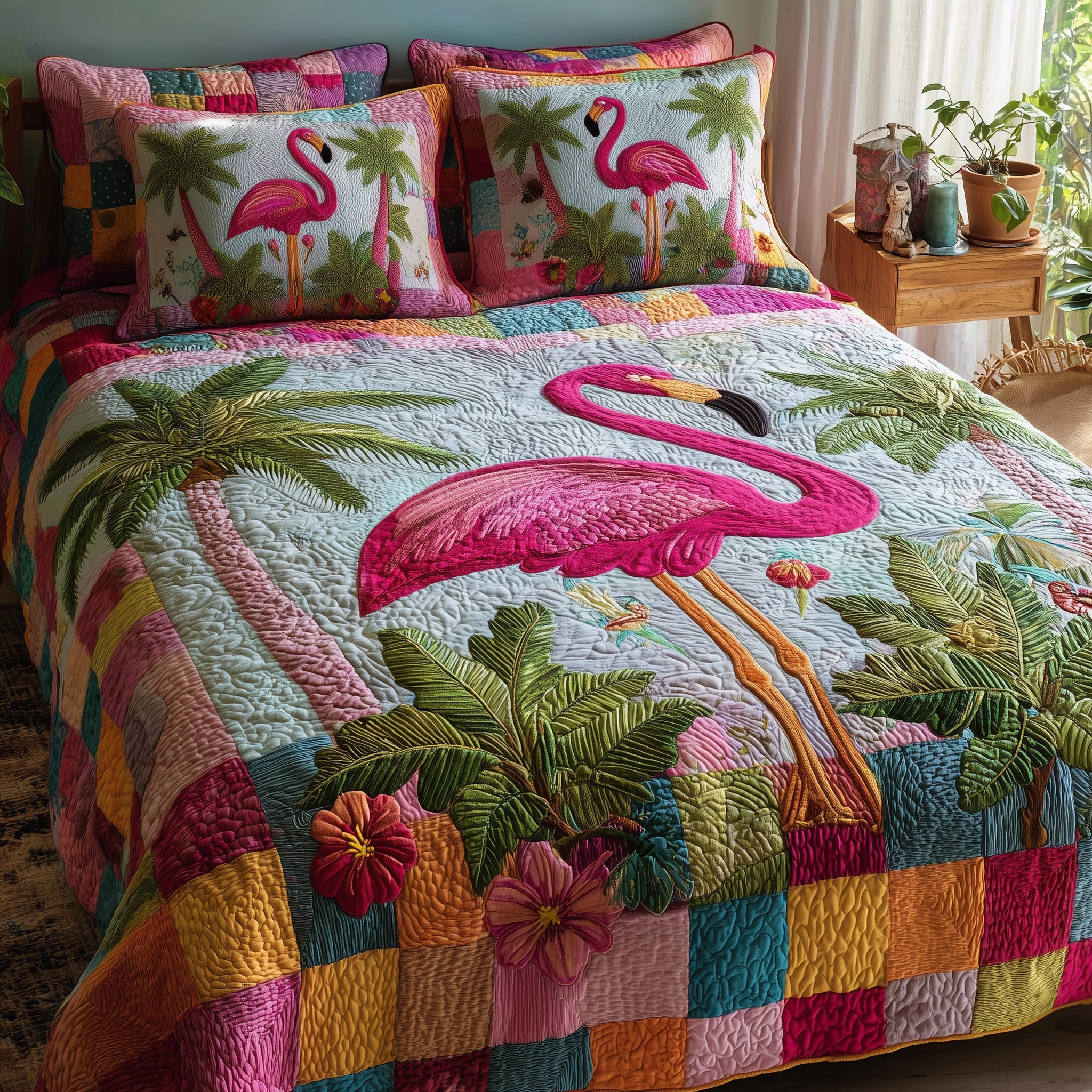 Pink Paradise Quilted Bedding Set Duvet Cover Bedspread Cool Flamingo Gifts