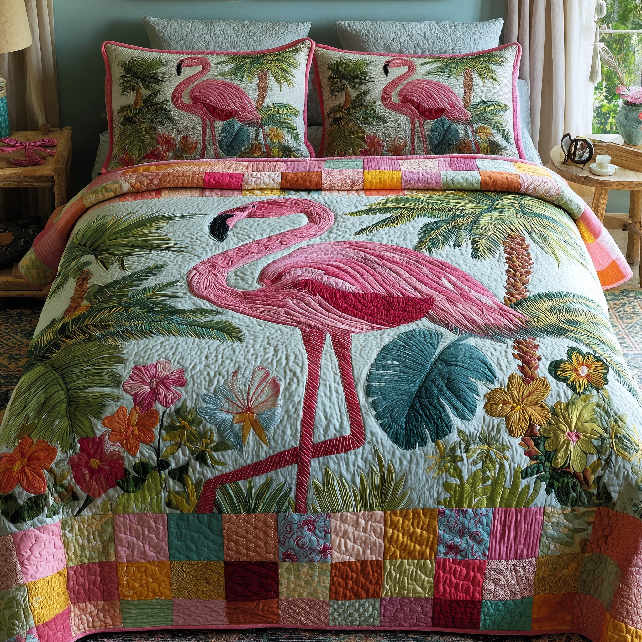 Pink Paradise Quilted Bedding Set Duvet Cover Bedspread Cute Flamingo Stuff