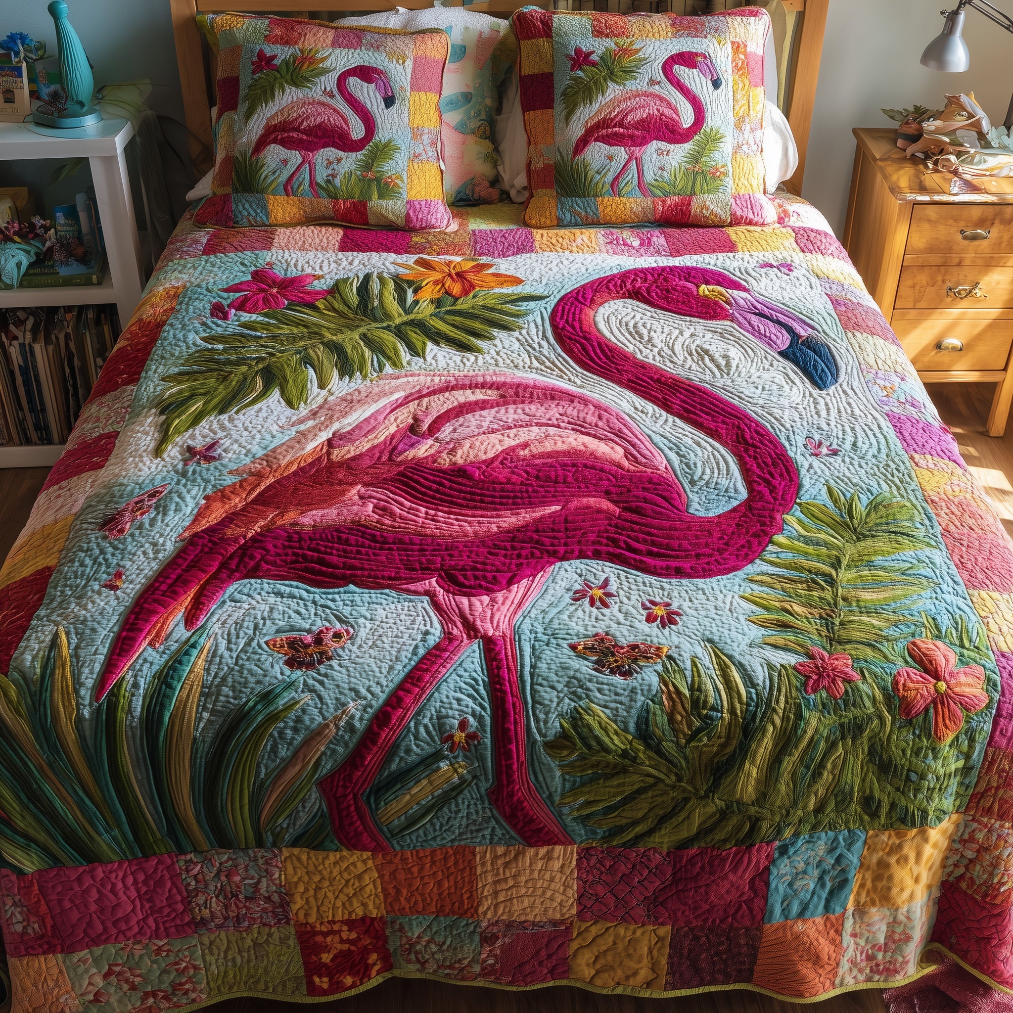Pink Paradise Quilted Bedding Set Duvet Cover Bedspread Flamingo Inspired Gifts