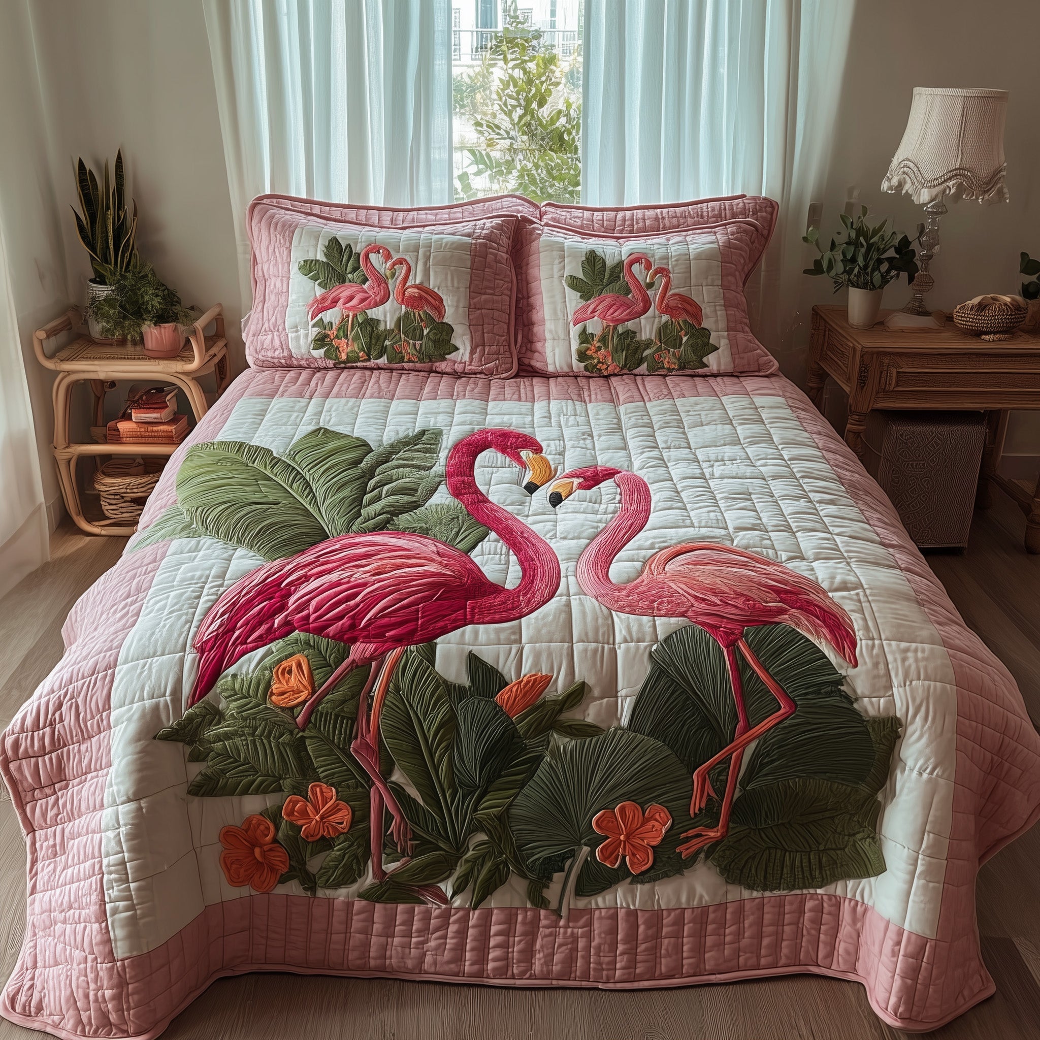 Pink Paradise Quilted Bedding Set Duvet Cover Bedspread Flamingo Mothers Day Gifts
