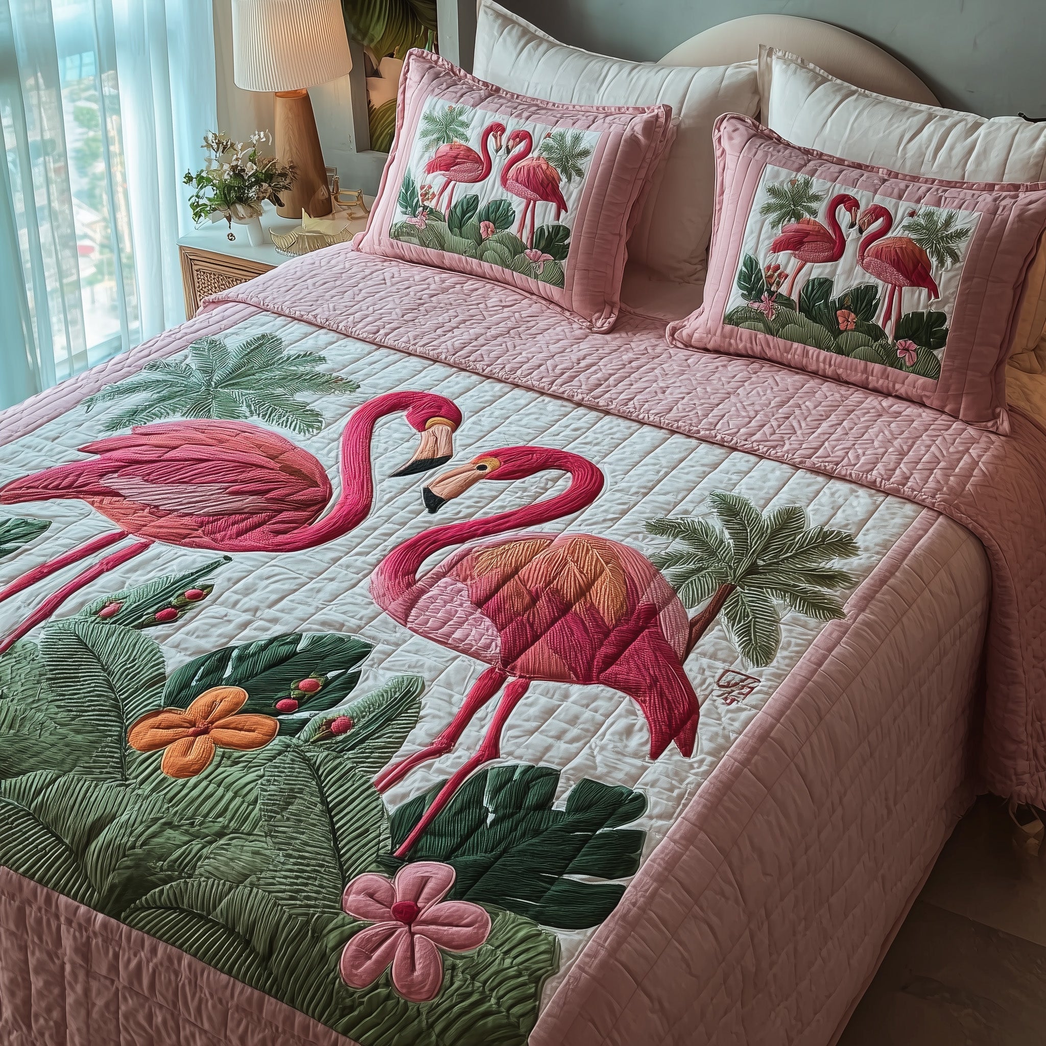 Pink Paradise Quilted Bedding Set Farmhouse Style