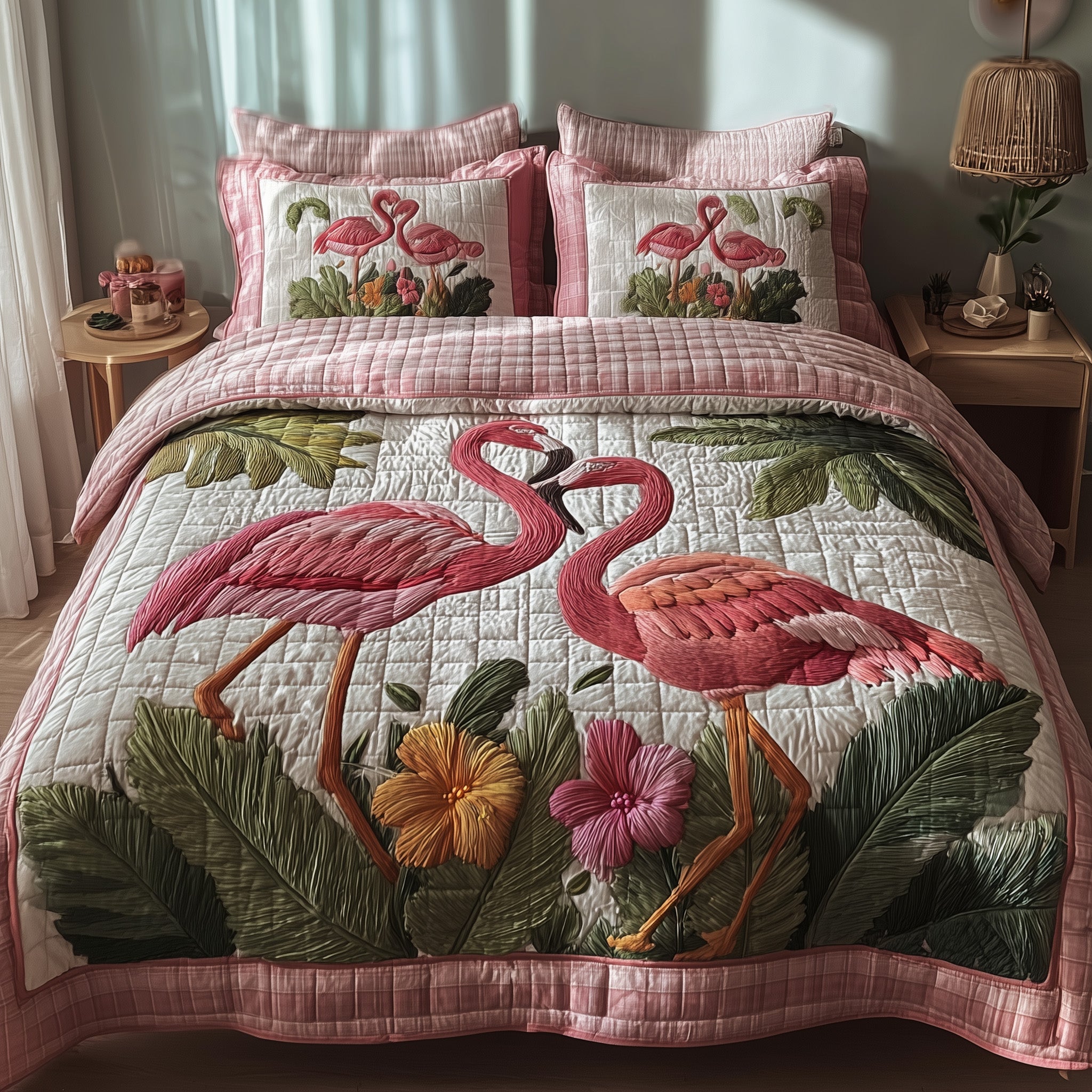 Pink Paradise Quilted Bedding Set Unique Pattern