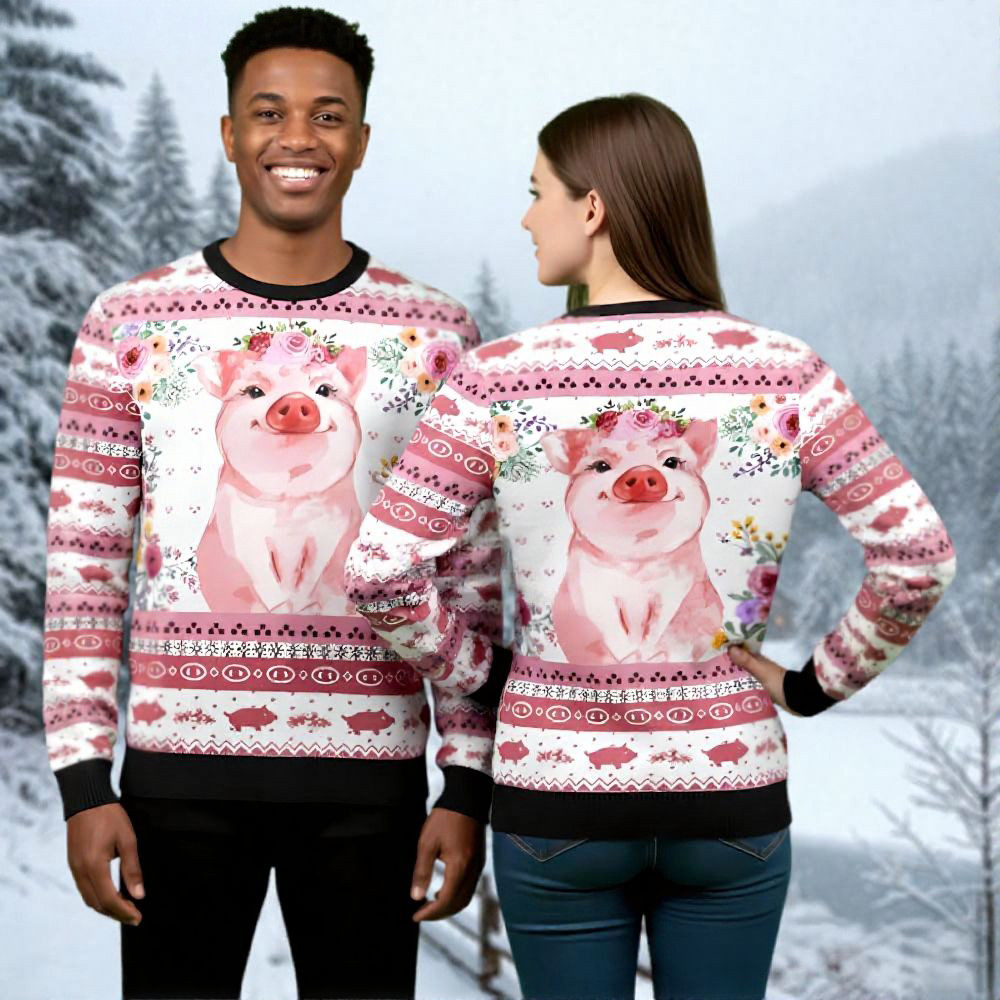 Pink Pig Ugly Christmas Sweater Xmas Wear Animal Themed Funny Couples Ugly Christmas Sweaters