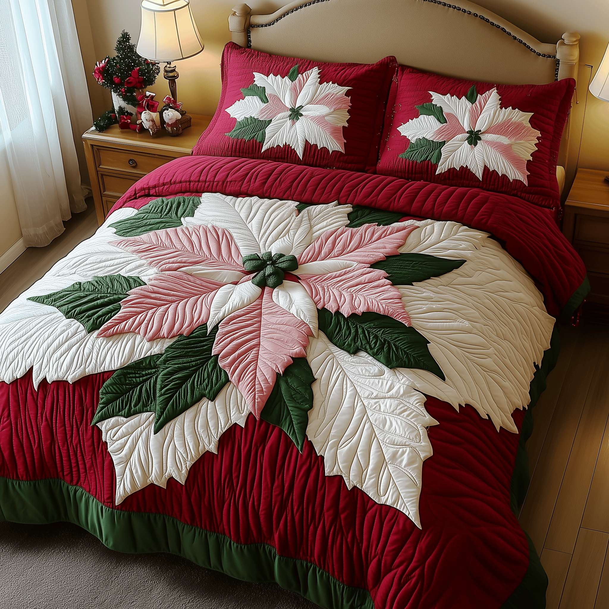 Pink Poinsettias Quilted Bedding Set Christmas Bedding Set Gift Experiences For Couples