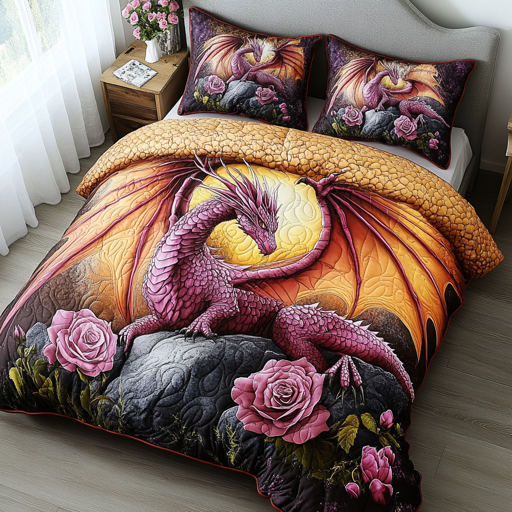 Pink Rose Dragon Quilted Bedding Set Trendy Bedding Merch for Modern Homes