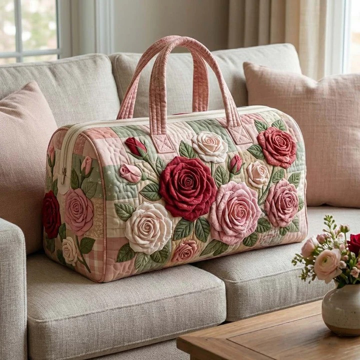 Pink Rose Garden Quilted Duffle Bag Romantic Floral Travel Bag Best Gift For Rose Lovers