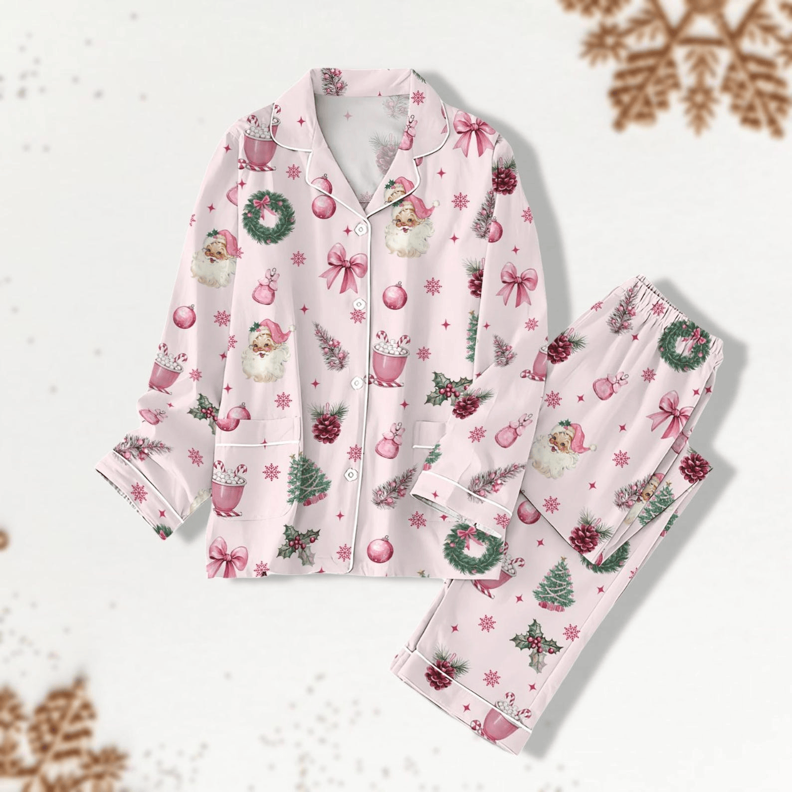 Pink Santa Christmas Pajamas Set Coquette Bow Santa Pajamas Christmas Gift for Girlfriend