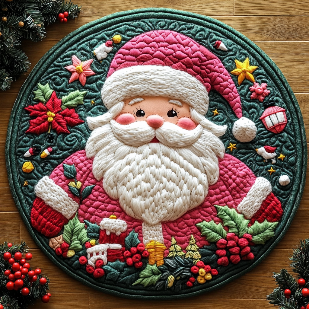 Pink Santa Quilted Round Mat Entryway Decor Secret Santa Ideas For Work