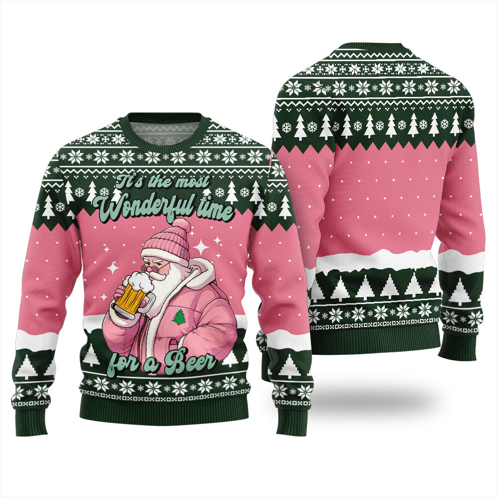 Pink Santa With Beer Christmas Sweater For Men Festive Sweatshirt for Christmas Celebrations