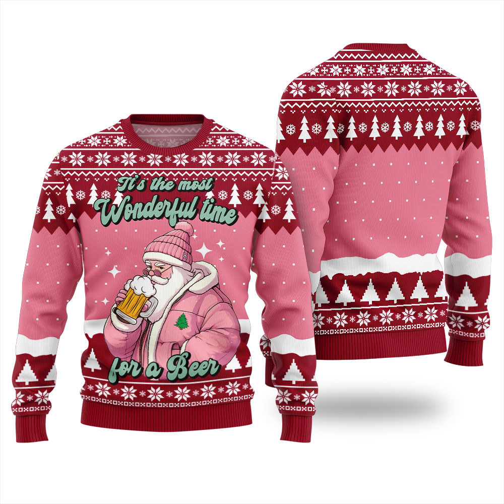 Pink Santa Wonderful Time For A Beer Christmas Sweater For Unisex Perfect Holiday Gift Merch for Sweater Lovers