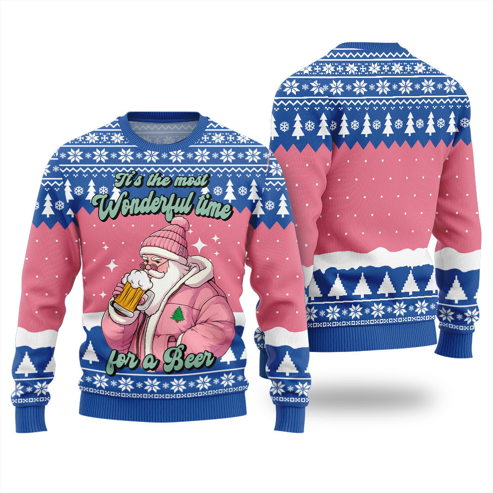 Pink Santa Wonderful Time For A Beer Christmas Sweater For Women Classic Holiday Sweater for Festive Looks