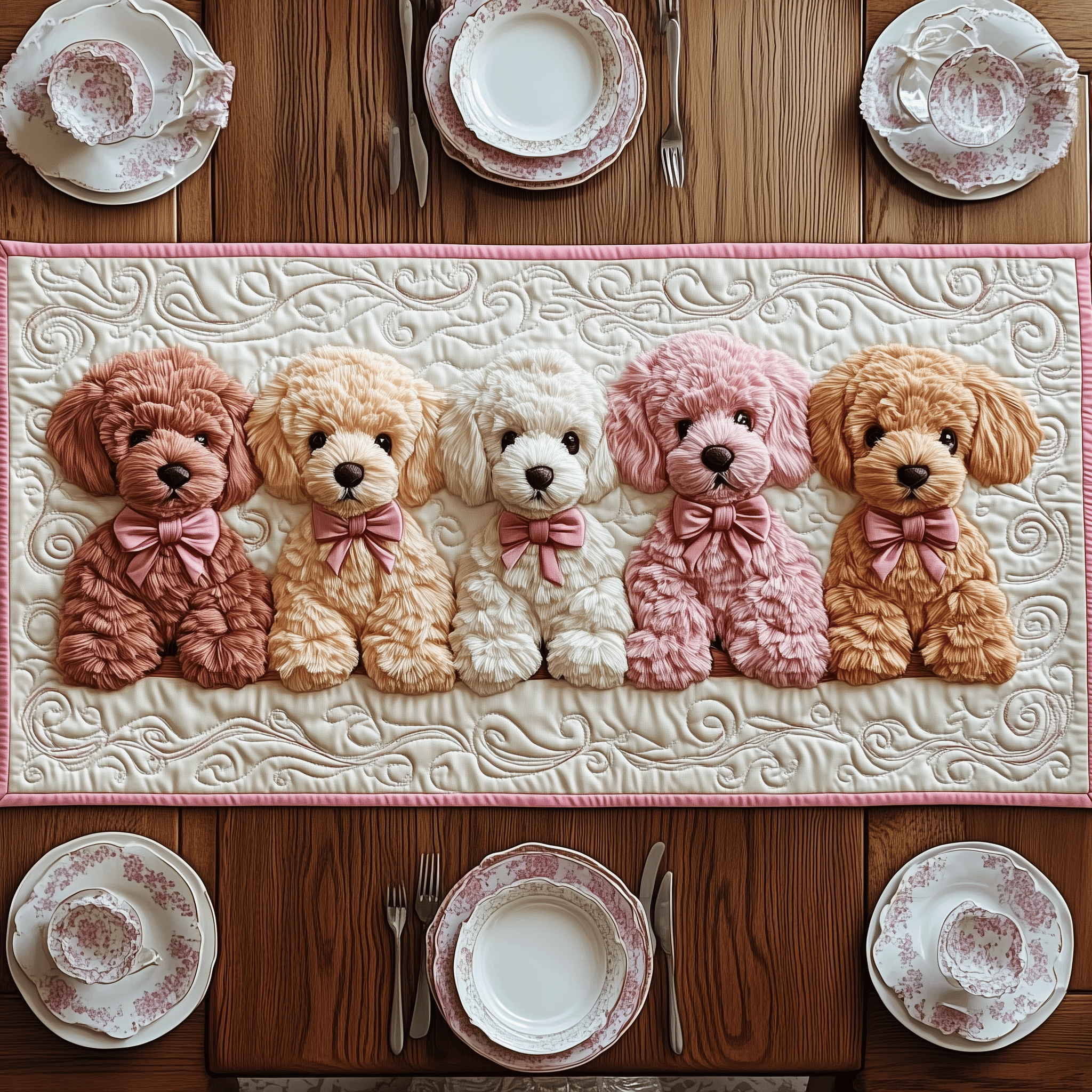 Pinky Adorable Poodle Quilted Table Runner Decorations Cute Themed Poodle Christmas Gifts For Her