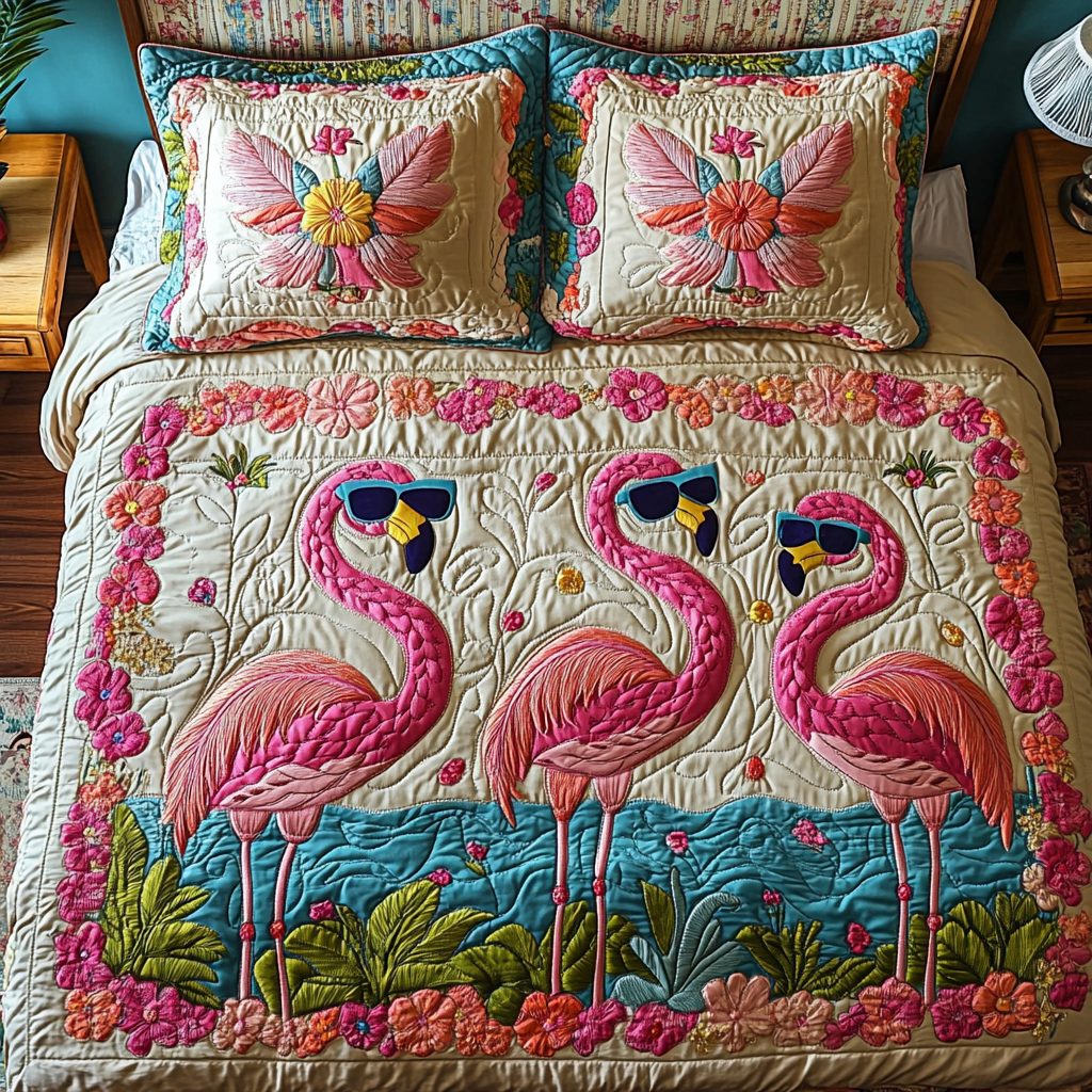 Pinky Flamingo Quilted Bedding Set Duvet Cover Bed Sheet Set Flamingo Themed Presents