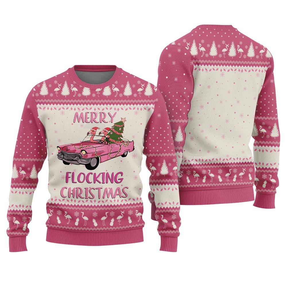 Pinky Flamingo With Car Funny Holiday Sweaters Festive Sweatshirt for Christmas Celebrations