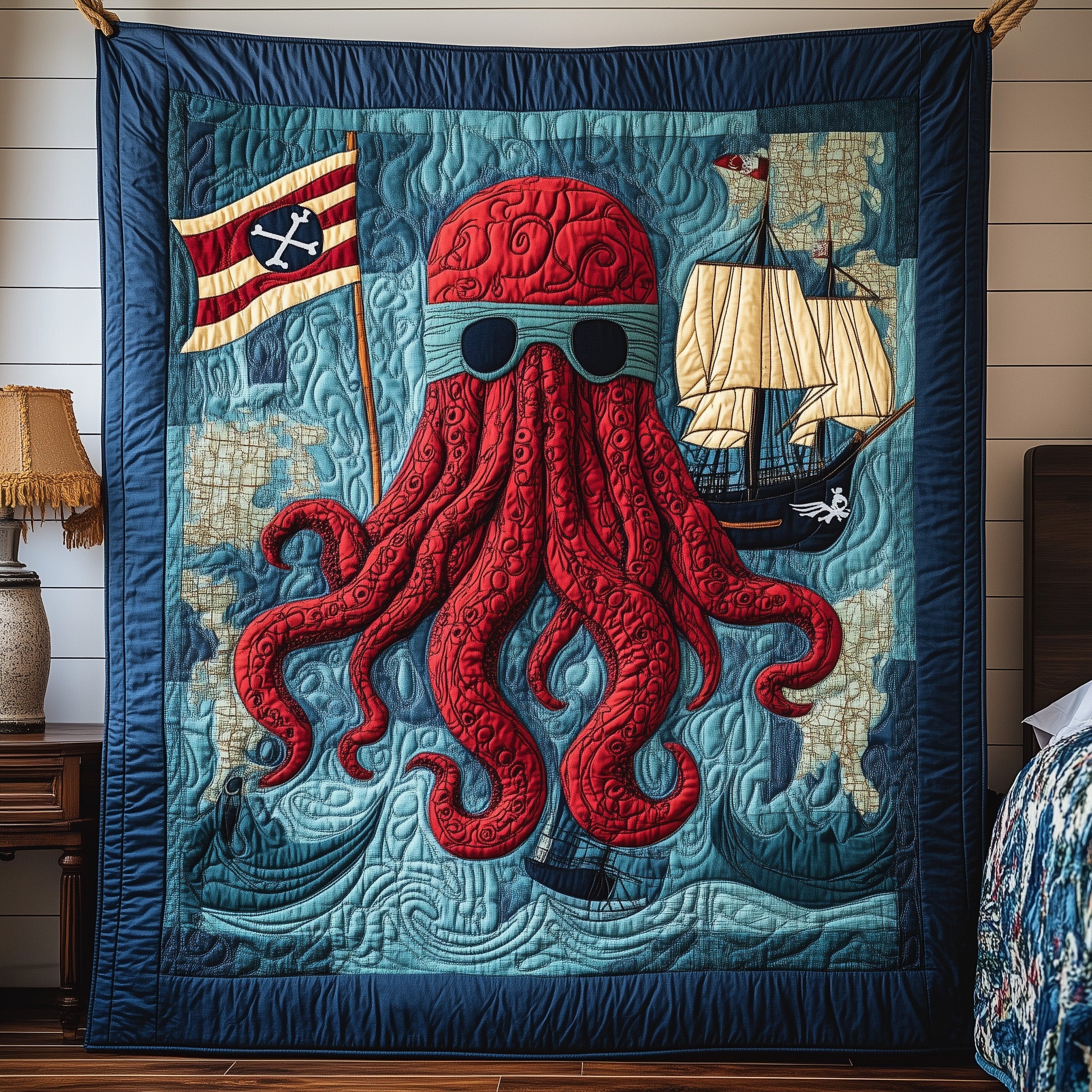 Pirate Octopus Quilted Blanket Merchandise Throw BlanketOctopus Gifts For Men