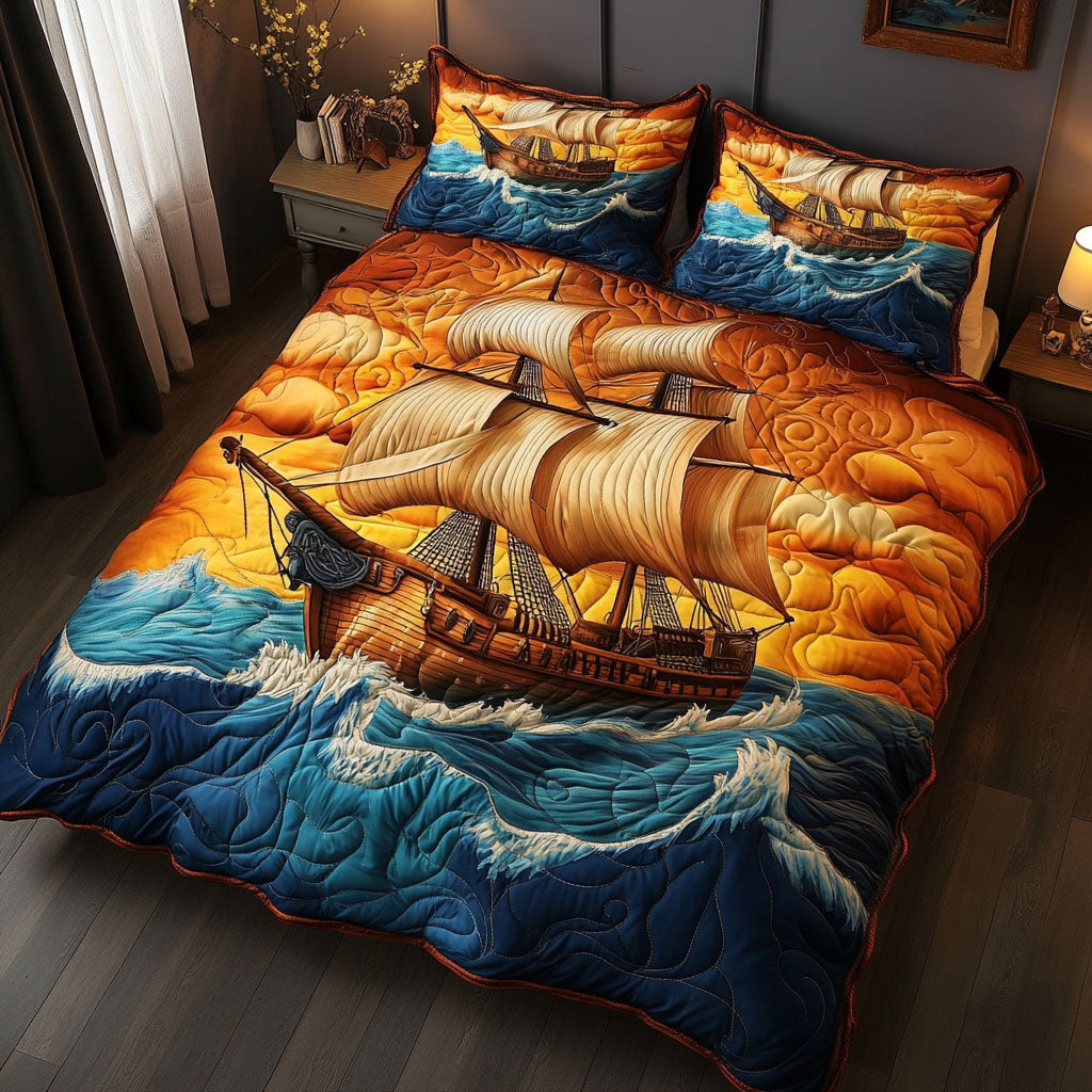Pirate Path Quilted Bedding Set Unique Bed Sheet Set Gifts For Sailboat Lovers